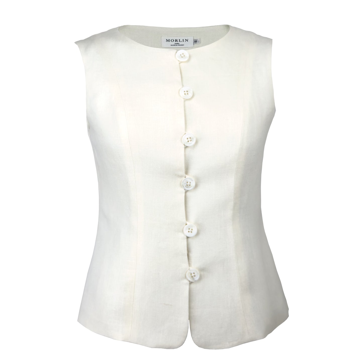 Simplicity sleeveless with bold buttons and a rounded neckline”