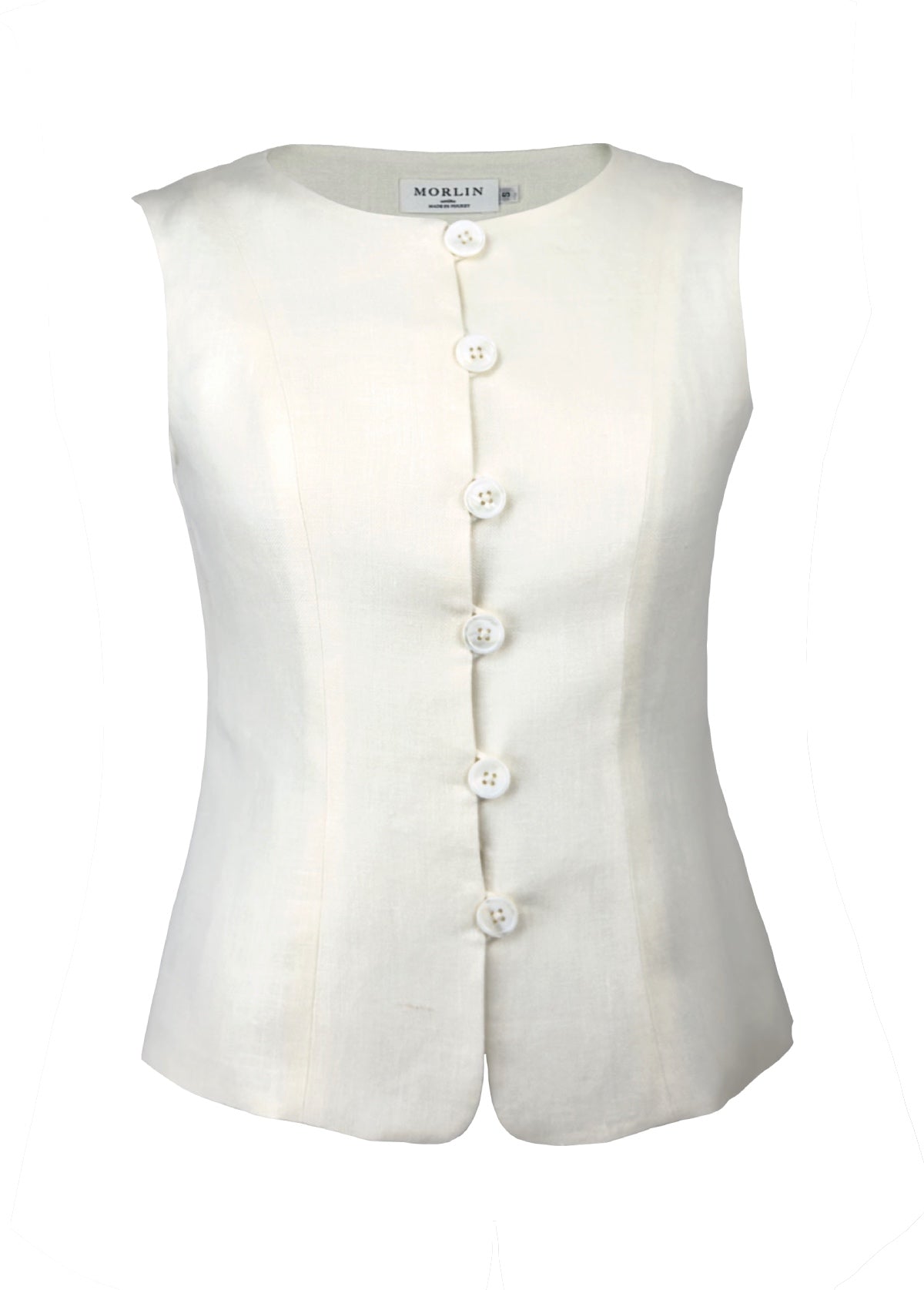 Simplicity sleeveless with bold buttons and a rounded neckline”